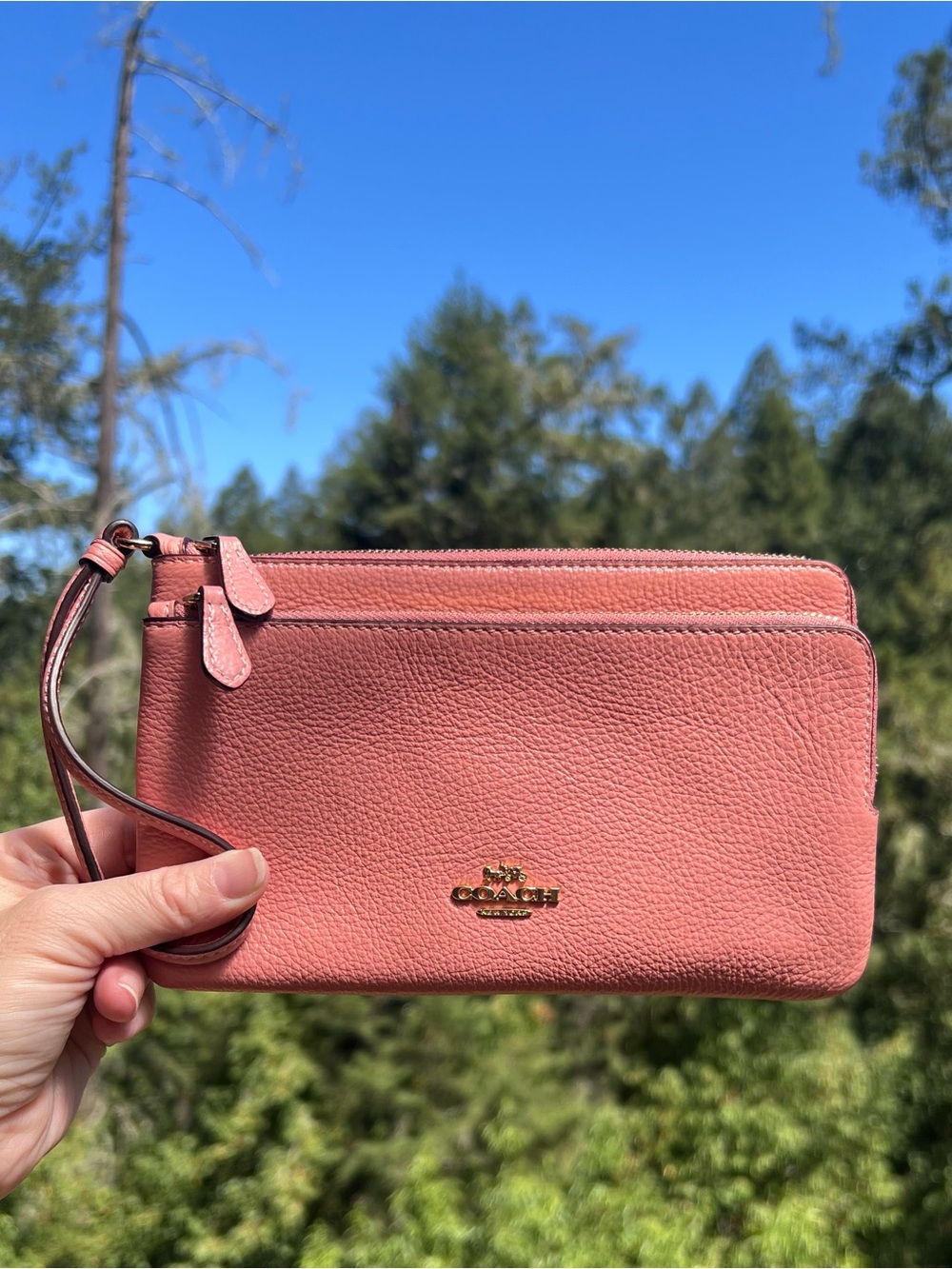 COACH Pink Pebble Leather Phone Wallet Wristlet Clutch Gold Hardware AUTHENTIC
